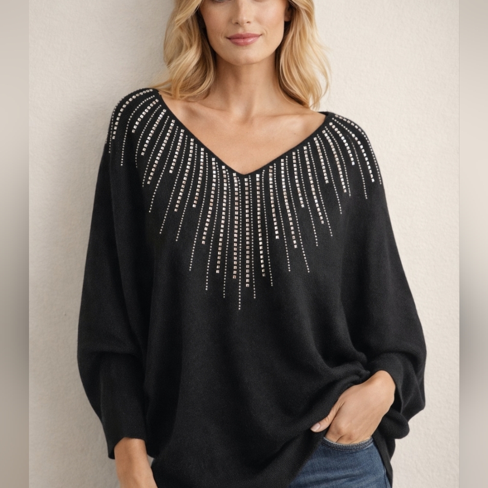 Black Sparkle Sweater V-Neck Dolman Sleeves By Vila Milano Sz M Quiet Luxury